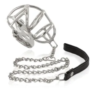 Silberner Metallkäfig mit Kette und schwarzem Ledergriff.