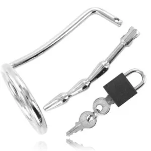 Metallring mit gebogenem Stab, geriffeltem Stift und kleinem Vorhängeschloss mit zwei Schlüsseln.