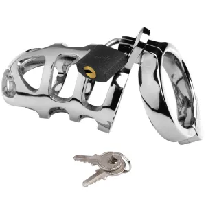 Metallischer Keuschheitskäfig mit Schloss und zwei Schlüsseln.