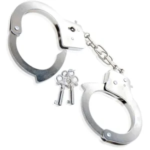 Silver handcuffs with two keys on a white background.