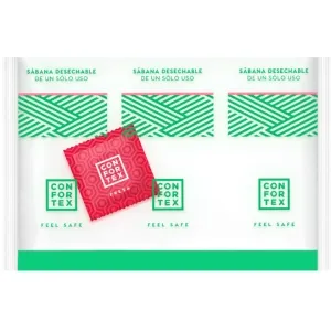 Verpackung von Einweg-Bettlaken mit grünem Muster und rotem Quadrat, Text: 