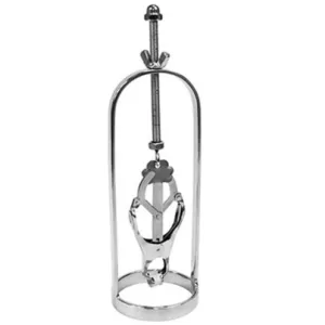 Metallic corkscrew with lever mechanism and stand, isolated on a white background.