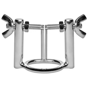 Metallklemme mit Flügelschrauben und rundem Ring, silberfarben.
