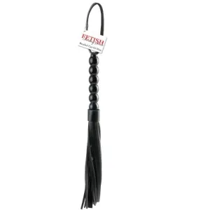 Black whip with a pearl-shaped handle and fringes, label with the word 