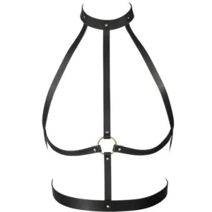 Black leather harness with collar and straps, connected by a metal ring in the middle.