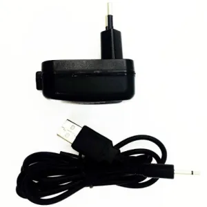Schwarzes Ladegerät mit USB-Kabel und Netzstecker, auf weißem Hintergrund.