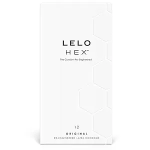 Weiße Verpackung von LELO HEX Kondomen mit sechseckigem Muster und schwarzem Text.