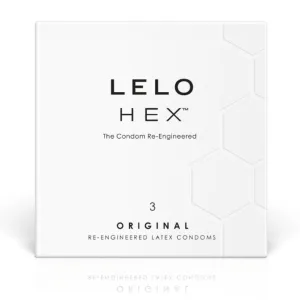 Verpackung von LELO HEX Original Kondomen, weißes Design mit sechseckigem Muster, enthält 3 Kondome.
