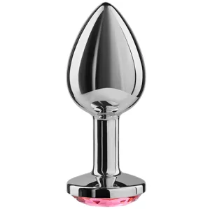 Metallischer Plug mit rosa Schmuckstein am Sockel, glänzend und tropfenförmig.