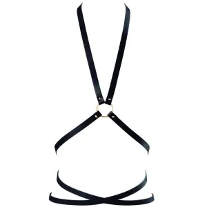 Black leather harness with gold rings, designed in a cross shape.