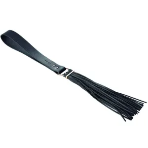 Black leather whip with multiple straps and a handle, on a white background.