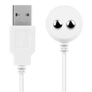 Weißes USB-Kabel mit rundem Magnetanschluss und zwei Metallkontakten.