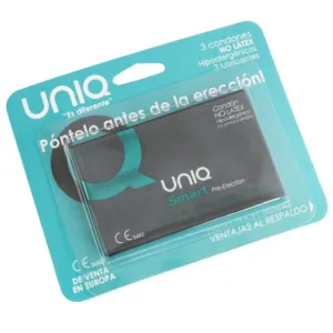 Verpackung von Uniq Smart Kondomen, hypoallergen und latexfrei, mit der Aufschrift "Póntelo antes de la erección".