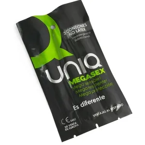 Schwarze Verpackung von Uniq Megasex Kondomen, hypoallergen und latexfrei, mit grünem Logo und weißer Schrift.