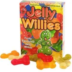 Bunte Packung mit Fruchtgummis in Form von Willies, mit der Aufschrift 