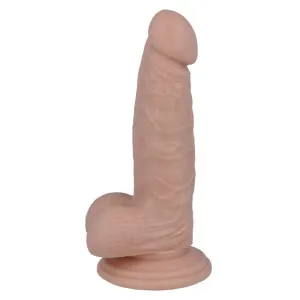 Realistically shaped dildo with suction cup, skin-colored, standing upright.