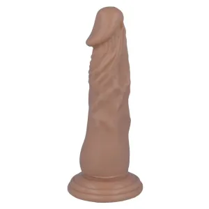 Beige dildo with a textured surface and suction cup base.