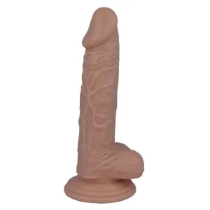 Realistically shaped dildo with suction cup, skin-colored, standing.