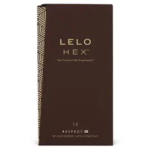 Braune Verpackung von LELO HEX Kondomen, 12 Stück, mit goldenen geometrischen Mustern und Text 
