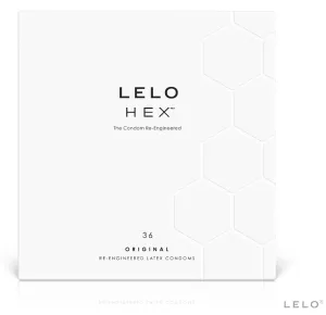 Weiße Verpackung von LELO HEX Kondomen mit sechseckigem Muster und Text: 