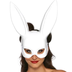 A woman wearing a white rabbit mask and red lips smiles at the camera.
