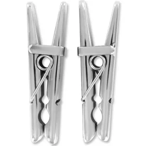 Two silver metal clothespins placed side by side on a white background.