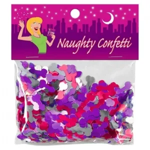 Bag of colorful confetti in a cheeky shape, packaging with comic woman and the lettering 