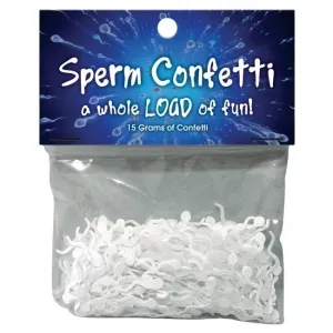 Tüte mit weißem Konfetti in Form von Spermien, beschriftet mit "Sperm Confetti, a whole LOAD of fun!".