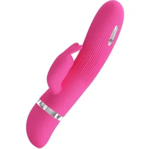 Pink vibrator with rabbit ears and ribbed surface, silver accent and controls on the handle.