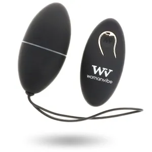Black, egg-shaped vibrating device with remote control, brand 