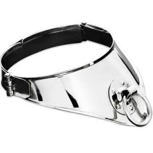 Silver necklace with ring and black clasp.