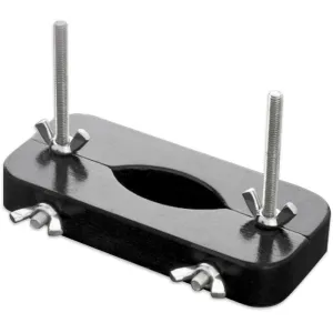 Schwarze Metallklemme mit zwei Flügelmuttern und Schrauben, rechteckige Form.