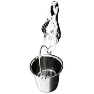 Metal bucket with handle, suspended from a pair of silver tongs.