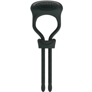 Black, flexible cable holder with two long, ribbed arms and an oval, textured top.