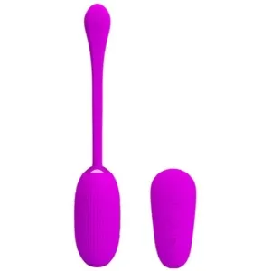 Purple vibrator with remote control, both with on/off button, on a white background.