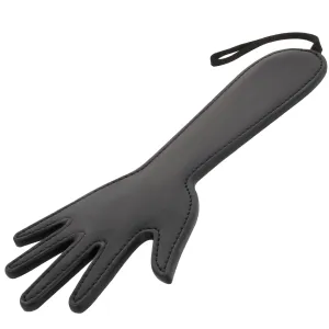Schwarzer Lederpaddel in Form einer Hand mit Schlaufe am Griff.