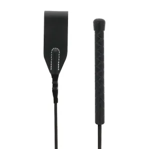 Two black riding whips, one with a wide flap, the other with a grooved handle, on a white background.