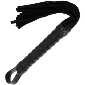 Black leather whip with braided handle and multiple straps.