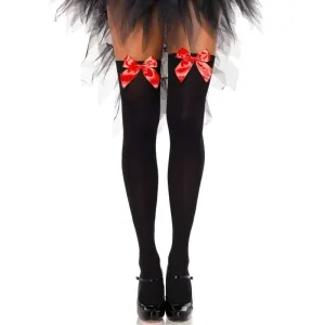 Schwarze Nylon Halterhöpfe Mit Roter Schleife OneSize – Leg Avenue
