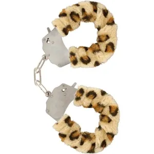 Handschellen mit Leopardenmuster-Fellüberzug, silberne Kettenverbindung.