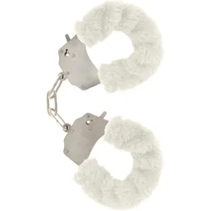 Silberne Handschellen mit weißem Plüschbezug, verbunden durch eine kurze Kette.