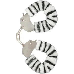 Handcuffs with black and white striped plush covers.
