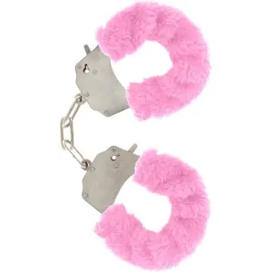 Silberne Handschellen mit rosa Plüschüberzug.
