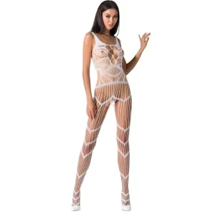 Woman in a white, openwork catsuit with a geometric pattern, posing in front of a white background.
