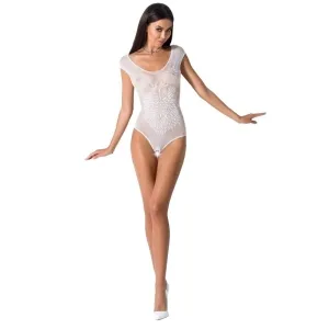 Woman in white lace bodysuit and white shoes posing against a white background.