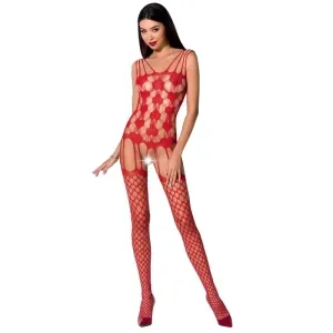 Woman in a red mesh bodysuit with a geometric pattern and red high heels.