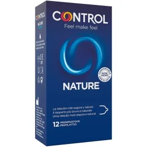 Packung Control Nature Kondome, 12 Stück, blaue Verpackung mit Logo und Text in mehreren Sprachen.
