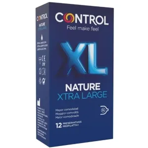 Packung Control Nature Xtra Large Kondome, 12 Stück, blaue Verpackung mit großem XL-Logo.