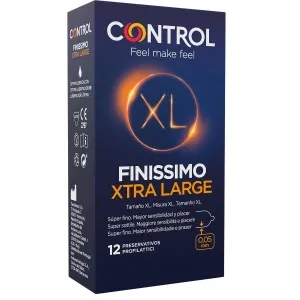 Packaging of Control Finissimo Xtra Large condoms, 12 pieces, 0.05 mm thin, dark blue design with XL logo.