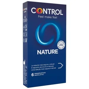 Packung Control Nature Kondome, blaues Design, 6 Stück, mit Slogan 